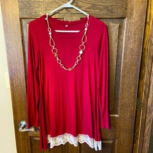 Beautiful cranberry Boutique tunic with lace trim